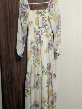 Patrons of Peace Cream Maxi Dress with Lavender & Yellow Floral Print NWT.